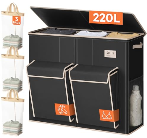 SOLEDI 220L Laundry Basket 3 Compartments with 2 Side Pockets, Black Large Laundry Hamper with Lid and 3 Mesh Bags Suitable for Family, Foldable Clothes Storage Bin for Bedroom, Wardrobe, College | 3 Section Sorting Laundry Basket, Sort Lights & Darks, Removable Laundry Bag, Extra Large Capacity, for Laundry Room, Bedroom