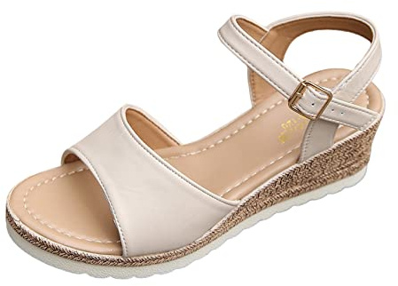 Uwdiohq Sandalias De Tacón Cuña Con Punta Abierta Cuero Color Liso Para Mujer A La Verano Sandalia Calada (Beige, 41) Zapatos Ortopedicos Senderismo Zapatillas Rehabilitación Elásticas