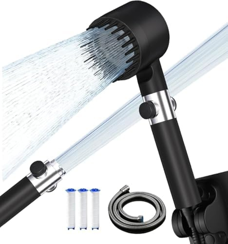 Filter Shower Head and Hose 1.5M, High Pressure Shower Heads with 3+1 Modes, Hard Water Filter Showerhead with ON/Off Switch for Remove Chlorine, Handheld Showerhead for Massage & Skin Care, Black