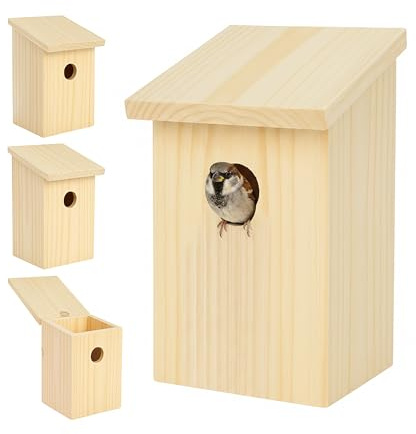 Relaxdays Caja Nido Set 4 para Gorriones y Carboneros, Entrada 32 mm, Tapa Abatible, Colgante, Natural, 22x12x14 cm