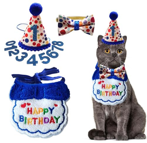 ZAUXVAI Set di 4 cappelli e bandane per gatti, regolabile, con numero di papillon, decorazioni per feste di compleanno per animali domestici, per cani di piccola e media taglia