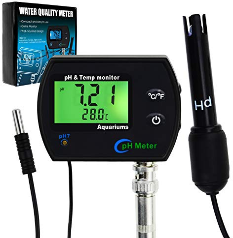 2 in 1 pH & Temperature Monitor, pH Meter with Backlight Function, Dual Display 0.00~14.00pH °C/ °F Water Quality Tester pH Monitor for Water, Fish Tank, Aquarium, Hydroponics, Pools