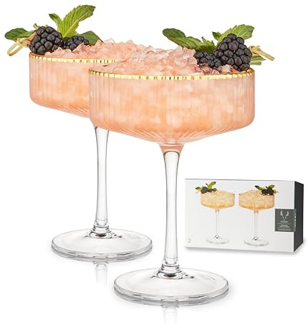 Viski Meridian Vintage Coupe Glasses, Art Deco Champagne Coupe Glassware, Gold Rimmed Stemmed Drinkware Set of 2, 11.5 oz
