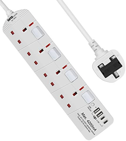 SE UKASE Extension Lead with USB Slots(5V/5A), 4 Way Plug Sockets with Individual Switches USB and Type C, Wall Mount Design with 2M Extension Cable 2990W