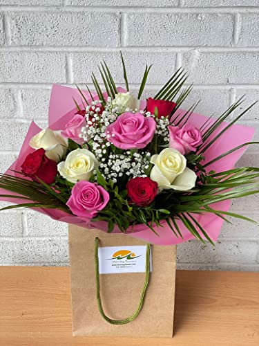Sell Flowers online Roses Cluster Fresh Flowers - Free Next Day Delivery - Select Stunning Mixed Flowers To Create The Perfect Anniversary -Birthday Flowers -Thank Gift, Pink, Red, White (Floral 34)