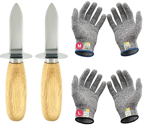 MYBMHTNB Juego de 2 cuchillos para ostras de acero inoxidable y 2 pares de guantes resistentes a cortes de nivel 5, cuchillos de ostra adecuados para todo tipo de conchas y ostras