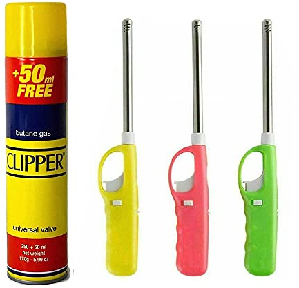 OBD 3 x Candle Lighters Refillable Long Reach Adjustable Flame Safety Lock Windproof Design with Clipper 300ml Gas Refill for Kitchen BBQ Candles Camping and Outdoor Cooking (Assorted Colous)