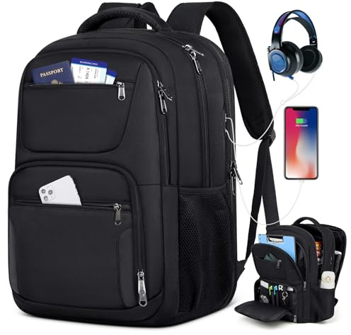 Travel Laptop Backpack, 17 Inch Extra Large Laptop Backpack with USB Charging Hole 45L Anti Theft Travel Backpack Water Resistant College Business Computer Bag Fit 17.3 Inch Laptop for Men Women Black