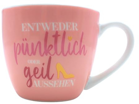 XXL dryckesmugg – maxi – kaffemugg – porslinskopp, motiv: antingen punktlig eller gyl, i rosa, storlek H/Ø: 9,2 x 10,5 cm, kapacitet 400 ml, diskmaskinssäker.