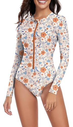 Zando Womens Long Sleeve Swimming Costume UPF 50+ Zip Up Rash Guard Swimsuit One Piece Floral Surf Bathing Suit for Beach Pool Holiday, Orange Print, XL