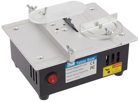 Donened - Mini sierra circular de mesa con 4 cuchillas (0,1-15 mm), 96 W, sierra circular de mesa portátil de precisión, tapa de seguridad para proyectos de carpintería DIY, 18 x 14 x 8 cm