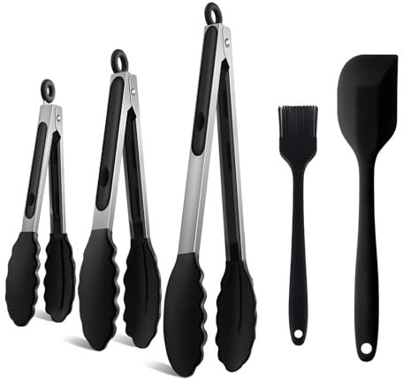 5 Pezzi Pinze da Cucina con Punte in Silicone,Pinza Cucina in Acciaio Inox,Pinze Cucina,Resistenti al Calore,Pinze da Cucina Professionali,per Barbecue,Carne,Insalata,21/26,5/35 cm