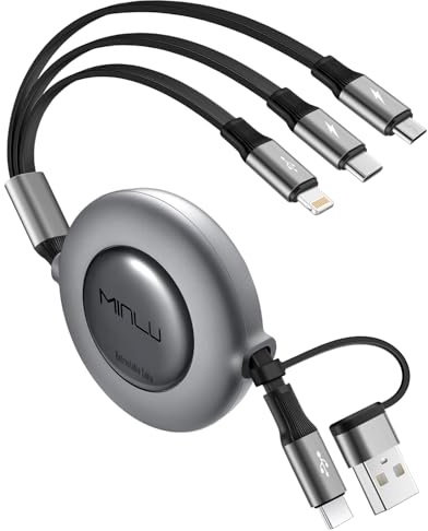 Minlu Câble Chargeur Multi Embout, 5 en 1 Câble Multi USB Rétractable, 1,2m Câble de Charge Rapide, Cable Multi Chargeur avec Lightning Micro USB Type C pour Série iPhone,Android,Série Galaxy,Tablet