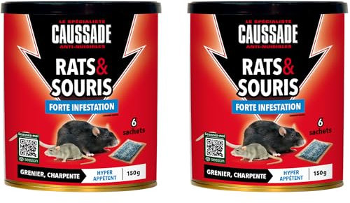 Caussade Anti Rats & Souris - Forte Infestation - Lieux Secs - 12 Sachets Céréales - Prêt à l'emploi - Une Ingestion Suffit - 2x150g CARSC150NX2
