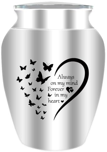 CREATCABIN Liten urna för aska fjäril miniurna för aska aluminium askhållare begravning kremering graverat ord med sammetspåse minnesgåva för mamma pappa familj 6 x 4,8 cm Forever in My Heart