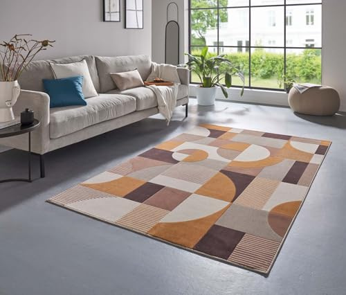 Taracarpet Moderner Luxus Kurzflor Designer Teppich fürs Wohnzimmer, Schlafzimmer und Esszimmer braun blau orange grün Creme Retro 80x150 cm