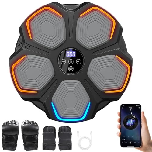 Domigard Macchina da Boxe Musicale- 8 velocità Music Boxing Machine con 2 Paia di Guanti da Boxe, Conteggio Intelligente,Bluetooth Smart - LED Musica Bluetooth Boxe Allenamento per Casa