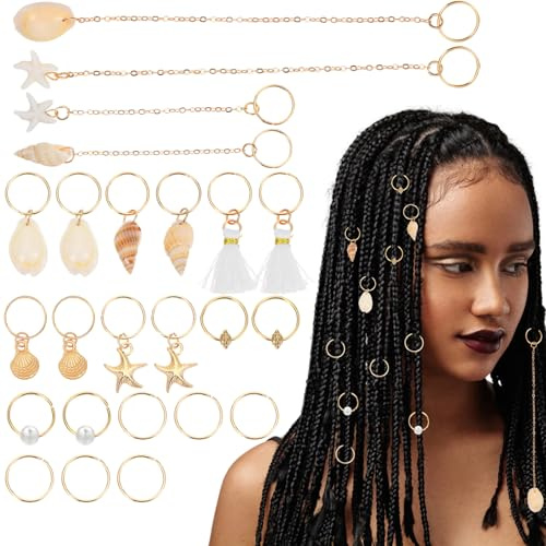 Lot de 24 bagues à cheveux dorées pour dreadlocks, festivals, pirate, tresses, bijoux Loc pour cheveux, perles à clipser, réglables, accessoires pour cheveux pour femmes et filles