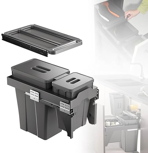 MBBTAG Cubo de Basura Extraíble con Tapa para Mueble Bajo Fregadero Papelera de Cocina 2 Compartimentos con Guías Telescópicas Gran Capacidad Cubeta Interior Independiente(26x50.5x50cm(18L+6L))