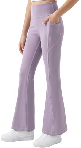 JinBei Leggings Niñas Pantalones Acampanados Cintura Alta Mallas con Bolsillos Deportiva Elástica Legging Cómodos Suave Transpirable Ropa Infantiles Morado para Casual Escuela, 9-10 Años