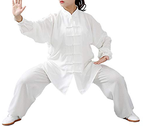 FUYUFU Algodón y Lino Traje de Tai Chi Unisex Ropa de Artes Marciales Kung-fu Disfraz para Hombre y Mujer (un Conjunto) (Blanco, M)