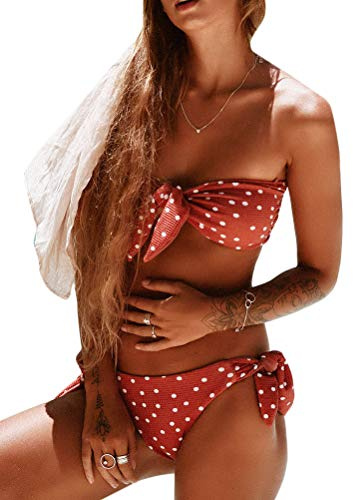 ORANDESIGNE Maillot De Bain Femme Polka Dot Ensembles Deux Pièces Bikini Push Up Maillot Plage sans Bretelles Bandeau Swimwear C Orange 36