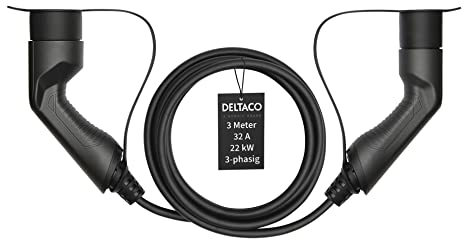 DELTACO Typ 2 EV-Ladekabel für E-Autos und Hybrid Fahrzeuge, Elektroauto Charger Mennekes Kabel, Kompatibel mit ID.3, ID.4, Zoe, E-Tron, Model S/3/X/Y, Leaf, 3-phasig, 32A | 22kW, 3 Meter