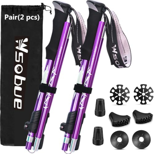 Bâton de Marche Pliable, Bâton de Randonnée Téléscopique en Aluminium Ultra Léger Bâton de Ski pour Hommes Femmes (Violet 2 Bâton)