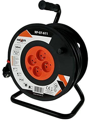 Rexxer Kabeltrommel 50m 4 Steckdosen 3x1,5 mm² Verlängerungskabel mit Erdung & Überhitzungsschutz für Werkstatt Garage Haushalt Innenbereich IP20