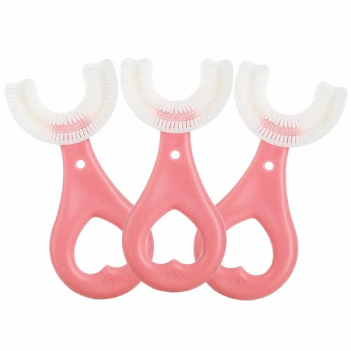 Derhom [3er Pack] U-förmige Ganzmund-Zahnbürste für Kinder[Rundumreinigung][Massagegummis mit Silikonborsten][Geeignet für Kinder] (2-6 Jahre Alt, Rosa)