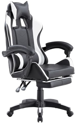 Brigros - Sedia da Gaming Racing Ergonomica Reclinabile con Braccioli, Poltrona Ufficio Girevole con Rotelle, Poggiapiedi, Poggiatesta e Cuscino Lombare in Similpelle, Portata: 125kg (Bianca)