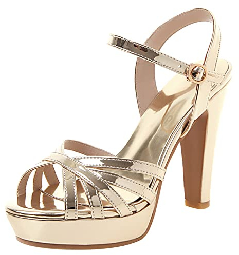 Lroey Reoly Sandalias para Mujer de Tacón Alto, Sandalias Punta Abierta Elegante Tacón Ancho Zapatos de Fiesta con Plataforma Hebilla Correa de Tobillo 070 Oro Talla 32 EU