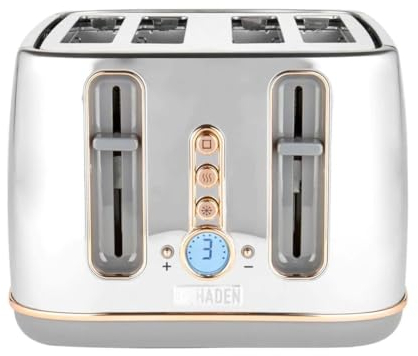 Haden Dorchester Chrome Toaster 4 Slice - Digital Browning Controls - Modern LCD Display - Cancel/Defrost/Reheat Settings - 1900-2300W Digital 4 Slice Toaster