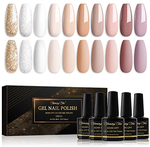 Shining She Gel Nail Polish Set, 10 Colors White Beige Nude Pink Champagne Purple Glitter Gold Sliver Pastel Gel Polish Set Soak-Off UV/LED Nail Polish Gel for Nail Art Salon DIY Home, 8ML
