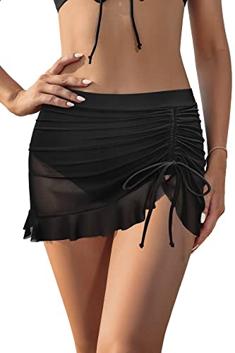 SHEKINI Falda de natación con volantes de malla con cordón para mujer, con braguitas, cintura alta, parte inferior de traje de baño con control de abdomen, parte inferior de bikini tankini