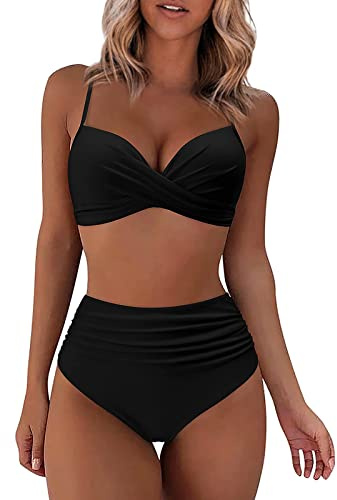 Maillot De Bain Menstruel Maillot De Bain Deux PièCes Sexy pour Femmes Push Up Rembourré Bandeau Bikini Maillot De Bain Gainant Ventre Plat Culotte Taille Haute Maillot Bain(01Noir,XXL)