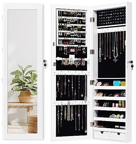 RELAX4LIFE Armoire à Bijoux Murale/Suspendue avec Miroir Psyché & Lumières LED, Organisateur de Bijoux Verrouillable à 5 Étagères, Multi-Rangement Cosmétiques pour Chambre Vestiaire Salon