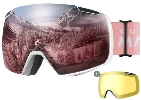 OutdoorMaster Heron Ski Goggles with 2 Lens, Frameless, Magnetic Interchangeable HD Toric Lens, OTG Snowboard Goggles(WhiteFrame Rose Vlt 28% + YellowLens)