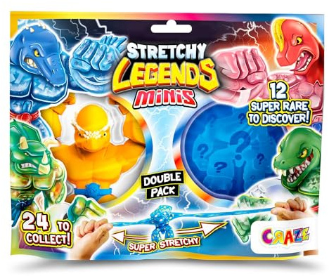 Craze Stretchy Legends Minis Double - 2X Figurines d'actions Extensibles et gluantes, Personnages étirables à Collectionner, Super Héros Dinosaures