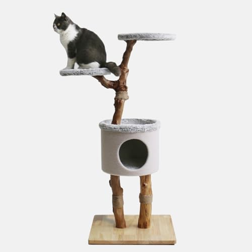 Cat Scratch Post with 3 Tiers, Hideaway Cave, Natural Wood & Sisal, Grey Fabric