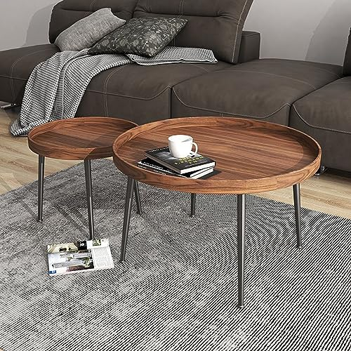 Couchtisch aus Holz, 2er-Set, mit Metallbeinen, Beistelltisch aus der Mitte des Jahrhunderts für Wohnzimmer, modernes Beistelltisch-Set aus Holz