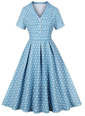 Wellwits Women's Polka Dots 1950s Vintage Blazer Cocktail Dress Summer Blue XL