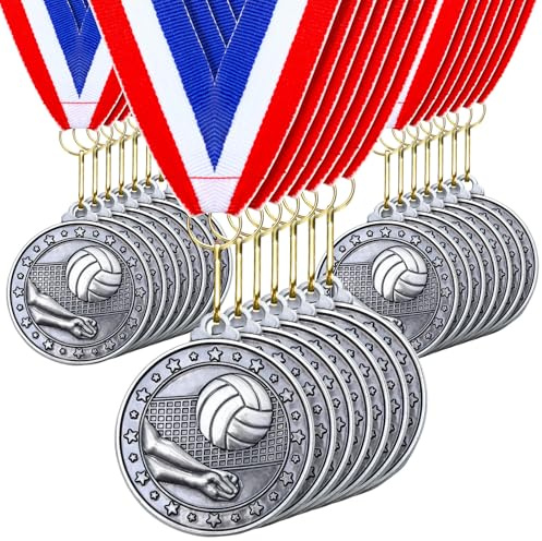 Remuuly 30 Pcs Silver Medals Bulk 2'' Basketball Soccer Volleyball Hockey Medals for Awards Metal Trophy with Neck Ribbons for Sports Participation Winner Tournaments Gift(Volleyball)