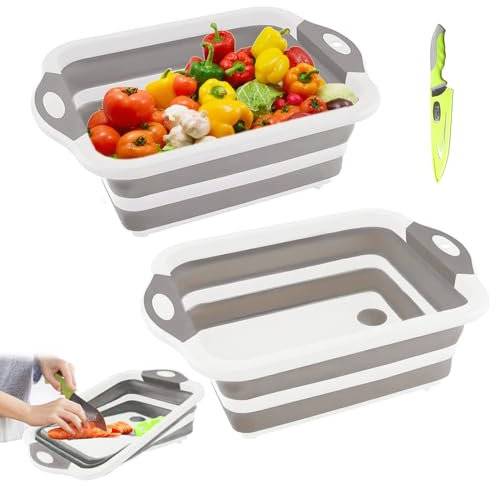 Collapsible Cutting Board with Drain for Camping Picnic BBQ Collapsible Sink Tub Dish Wash Basin Portable Dish Tub Foldable Dishpan for Home Kitchen (White Grey)
