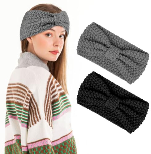 LOPHE 2 Pcs Winter Headbands for Women - Ear Warmers, Thermal Twist Bow, Comfy Soft Head Wrap, Cable Knit for Girls Sports Skiing Running (Black & Grey)
