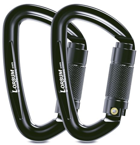 4 Auto Locking Carabiner 26KN Climbing Carabiner Large Carabiner Clips, UIAA Certified Heavy Duty Caribbean Clips for Rock Climbing, Camping, Hammock, Rescue, D Shaped Twist Lock, Black 2Pack