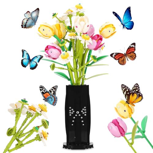 Goxiry Set di 1250 mattoncini da costruzione con tulipani, decorazione creativa, regalo per la festa della mamma, compleanno, San Valentino, per bambini a partire da 8 anni e adulti