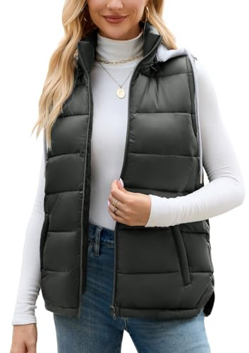 Vancavoo Chaleco Acolchado Mujer con Capucha Invierno Chaqueta sin Mangas Abrigos Chaleco de Forro Outwear Con Cremallera,Gris oscuro,M