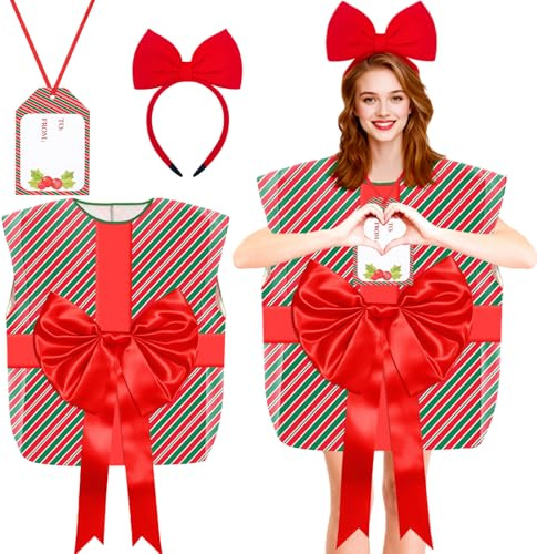 Adult Gift Box Costumes World Book Day Parcel Outfit Novelty Fancy Dress Red Bow Present Costume with Bow Hairband Cards, Funny Gift Box Cosplay Dress Up Outfit for Birthdays Valentine's Day Party