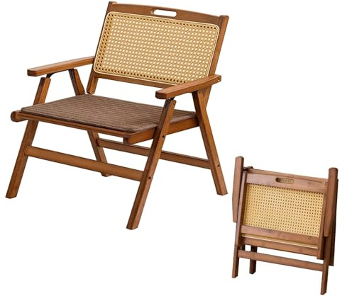 Wooden Rattan Folding Chair, Outdoor Portable Leisure Chairs with Low Seat, Backrest and Seat Cushion, Ideal for Balcony, Reading Room, Patio, Lawn